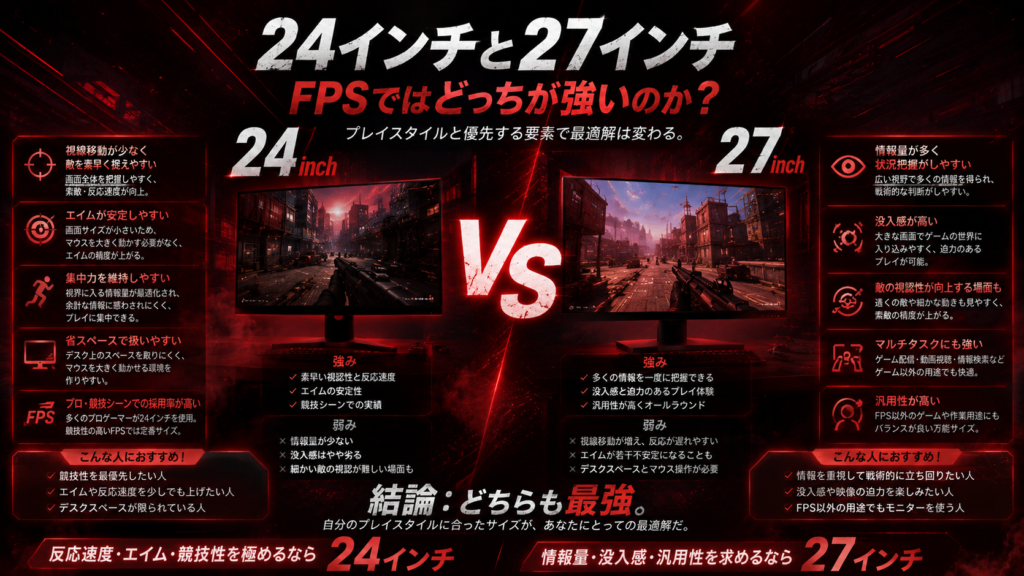 24インチと27インチFPSではどちらのモニターサイズが重要かの比較画像