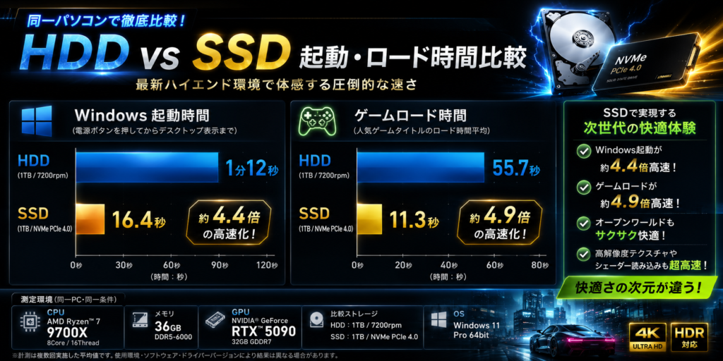 HDDとSSDのWindows起動時間とゲームロード時間の比較