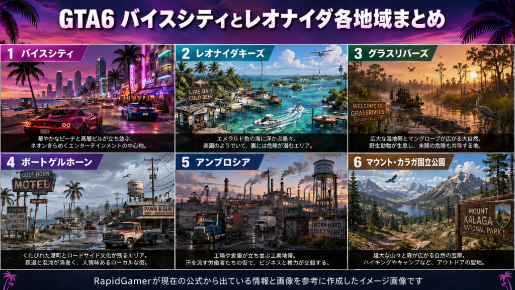 GTA6の舞台となるバイスシティとレオナイダ州のイメージ画像