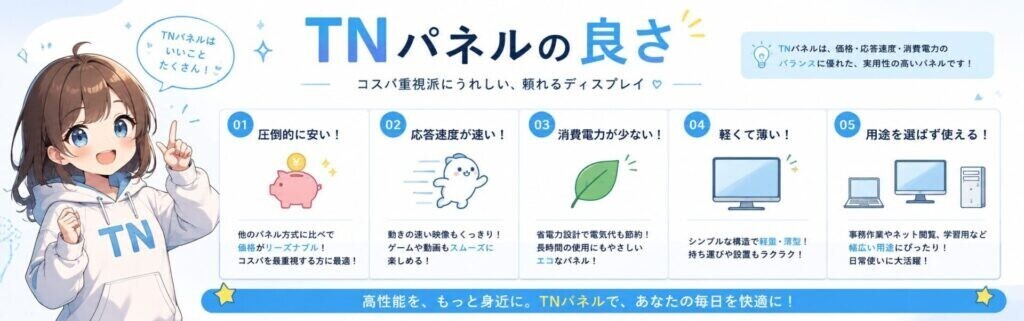 応答速度消費電力等に長けたTNパネルの良さについての説明画像