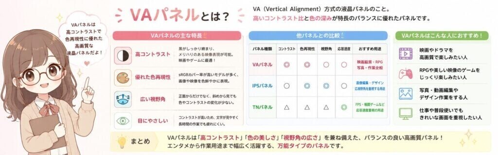 VAパネルは高いコントラスト比と色の深みが特徴のパネルの説明画像