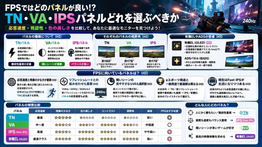 各種FPS向けモニターのパネルを比較した比較画像