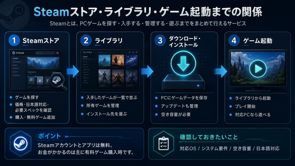 Steamのストアライブラリゲーム起動までの役割をしめした図