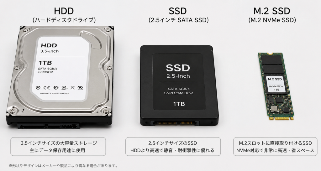 3.5インチとHDD2.5インチSSDとM.2SSDの外観の違い