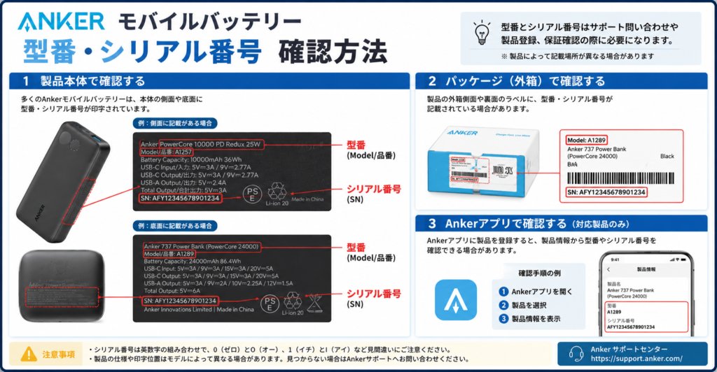 Anker モバイルバッテリー 型番 シリアル番号 確認方法