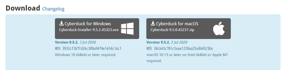 ダウンロード画面 CyberDuck