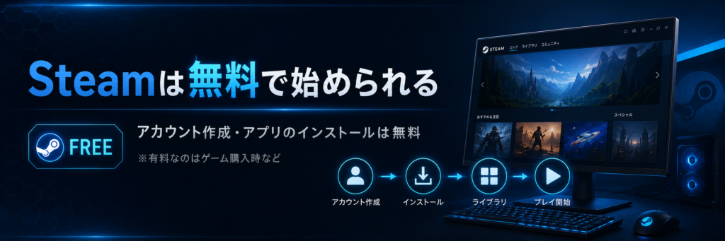 Steamは無料で始められる事をしめした画像