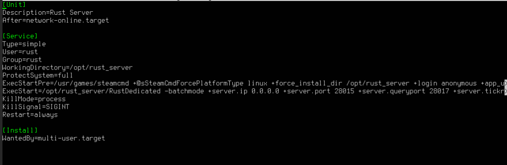 実際のコンソールでrust-server-serviceを開いたときの画面