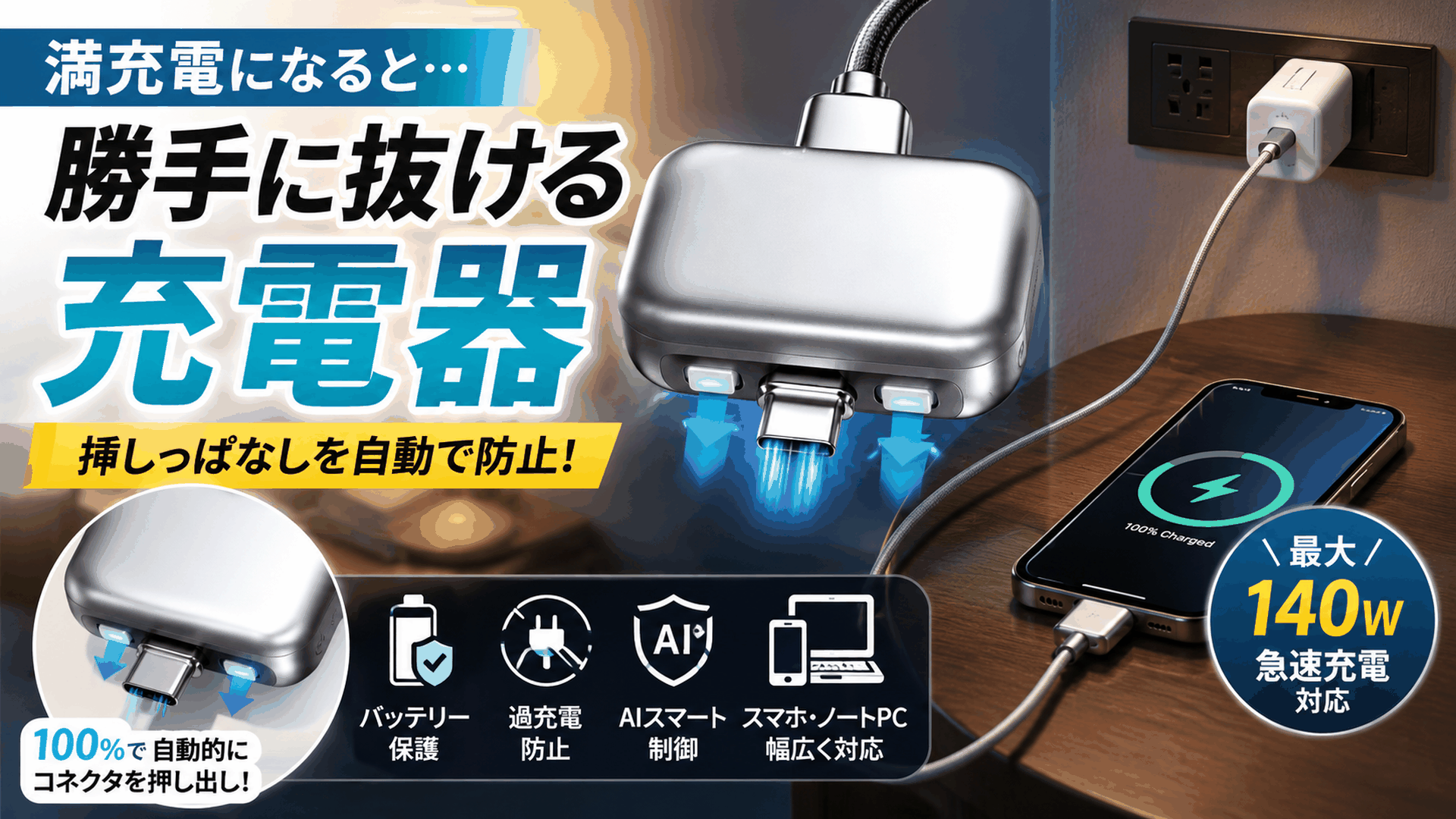 スマホやノートPCの挿しっぱなし充電を防ぐ、満充電で自動的に抜けるUSB-C充電アダプター