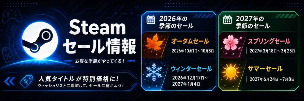 2026年の季節のセール
オータムセール | 2026年10月1日～10月8日
ウィンターセール | 2026年12月17日～2027年1月4日
2027年の季節のセール
スプリングセール | 2027年3月18日～3月25日
サマーセール | 2027年6月24日～7月8日