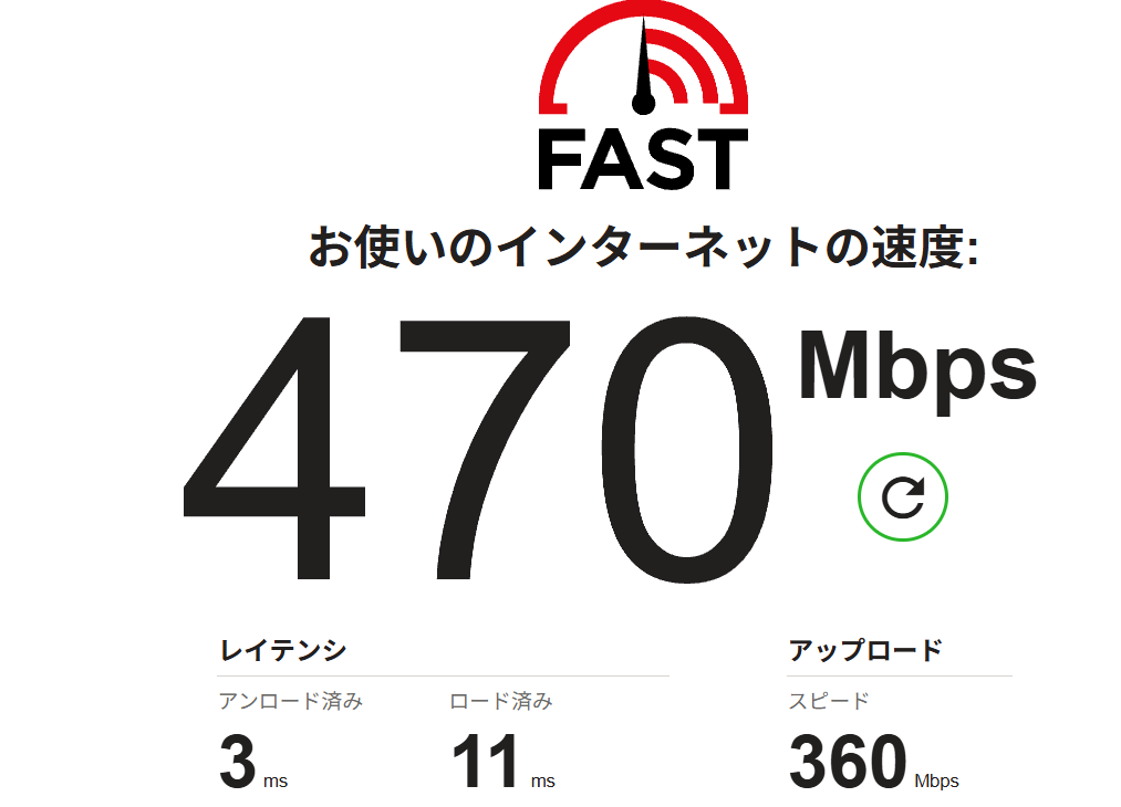 プロバイダK社使用時の実測値 470Mbps