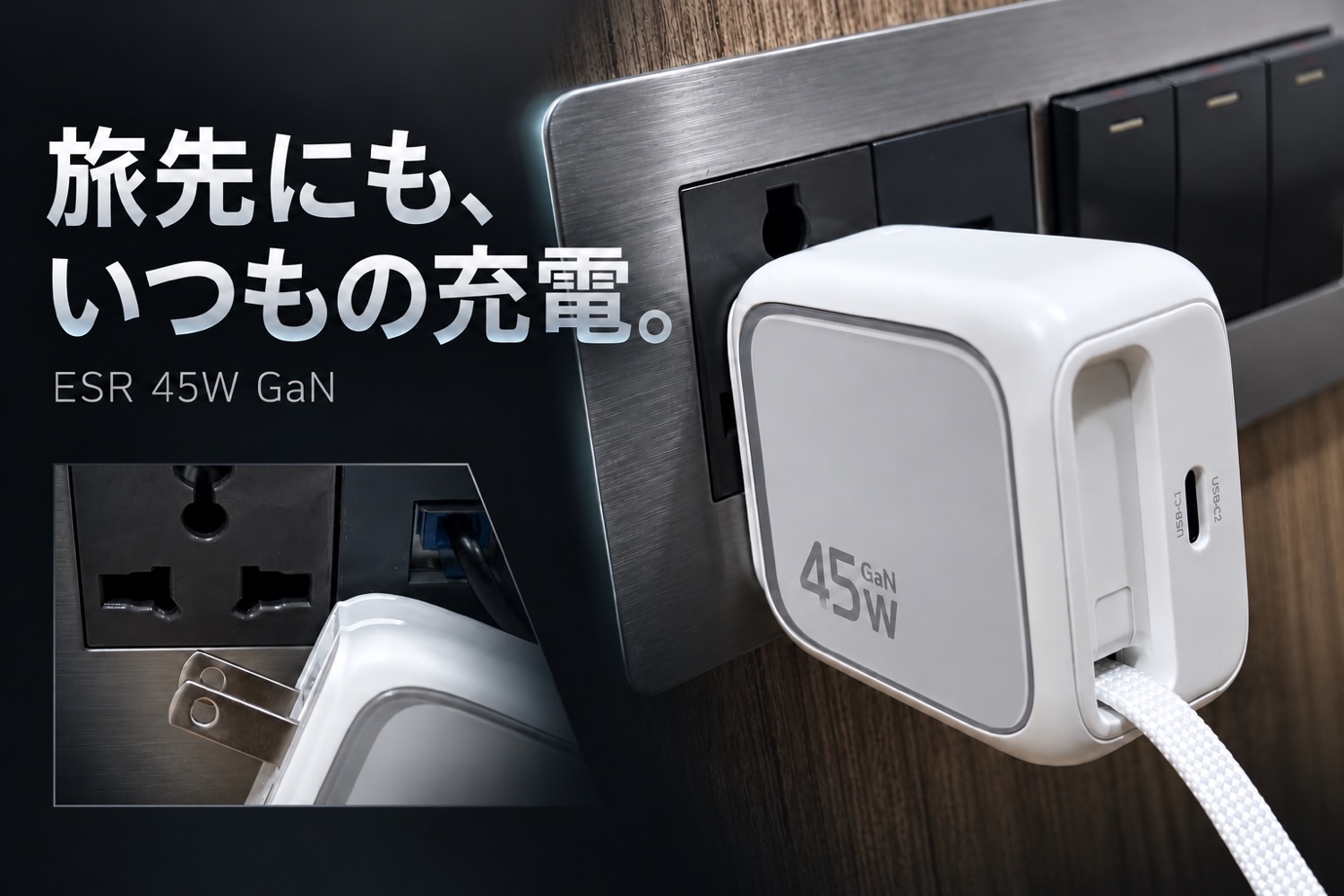 海外滞在先のコンセントとESR Xtend 45W充電器を組み合わせた画像