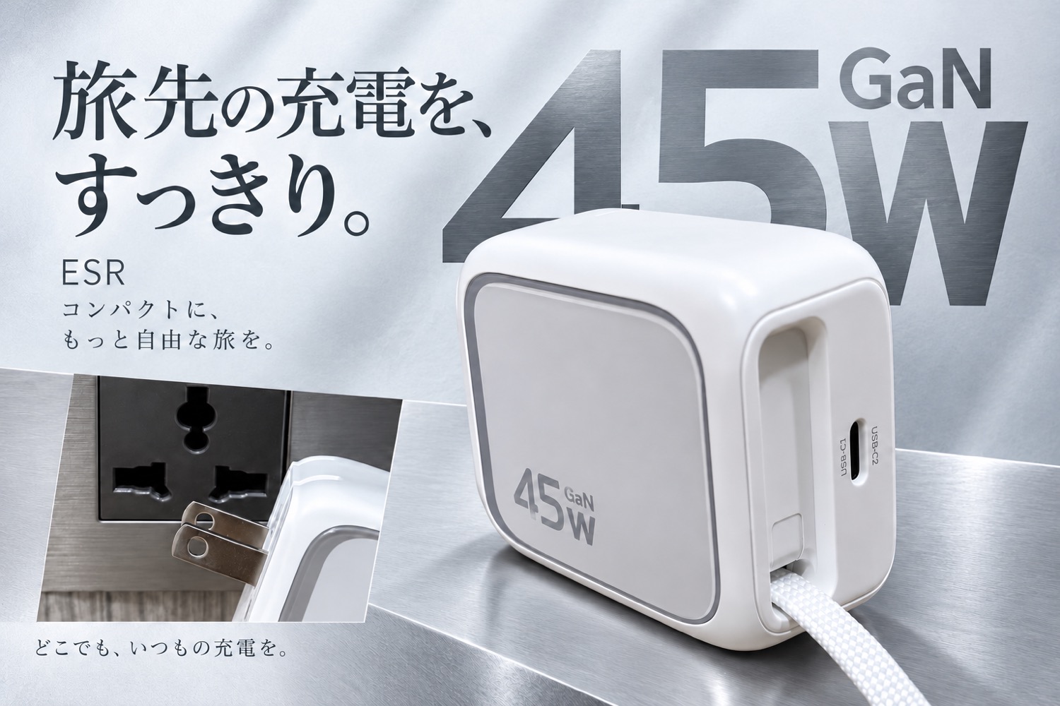 白いESR Xtend 45W巻き取り式充電器をシルバー調の背景に配置した紹介画像