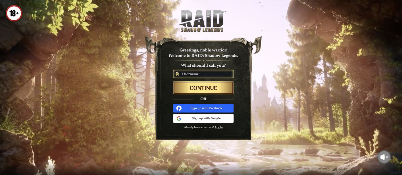 RAIDの公式登録開始画面。Username欄とCONTINUEボタンが表示されている