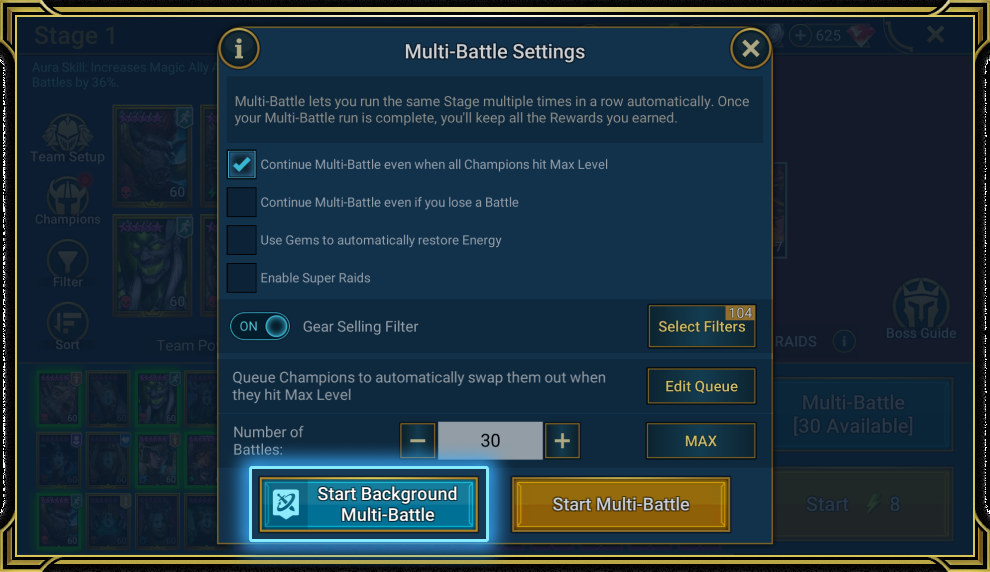 RAIDのマルチバトル設定画面。周回回数やバックグラウンド実行を設定する